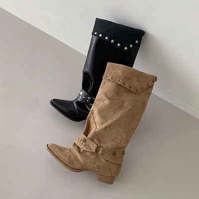 ◈Up to 260◈ way◈ Wide Long Knee-High Boots Vintage Studded Shirred Slouch Warmer Suede Western Long Boots Recommended for Hobby Shoes