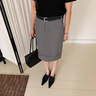 Liter Folding Cuff Roll-up H-Line Wool Midi Pencil Slit Skirt Autumn Wedding Guest Look Interview Look Work Look
