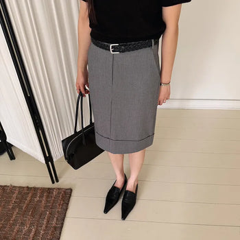 Liter Folding Cuff Roll-up H-Line Wool Midi Pencil Slit Skirt Autumn Wedding Guest Look Interview Look Work Look