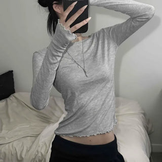 Fine Ribbed Wavy Line Shirred Frill Slim Fit Round Neck Long Sleeve T-shirt