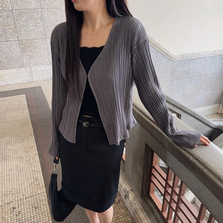 Giselle Pleated Loose Fit V-Neck Cardigan for Transitional Season