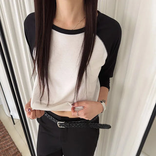 Part Color Block Raglan Round Neck 3/4 Sleeve T-shirt Purple