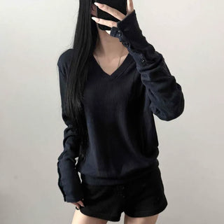 V-neck Ribbed Button-Sleeve Delicate Fit Wool Knit