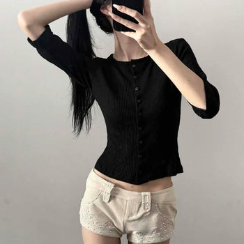Ribbed Round Neck Button Delicate Fit Modal Crop Cardigan