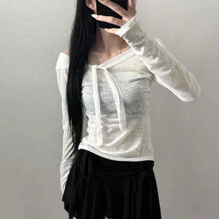 See-through Slub Deep U-Neck Integrated Scarf Slim Fit Long Sleeve T-shirt