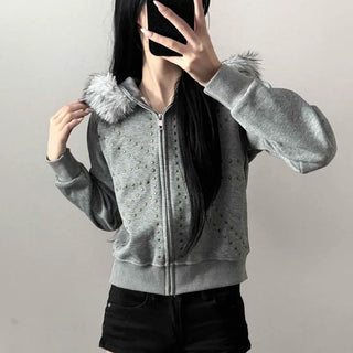 Fur Hood Studded Cross Loose Fit Pocket Zip-Up Hoodie