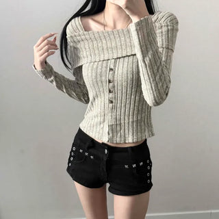 Ribbed Off-Shoulder Slit Slim Fit Cropped Long Sleeve Knit