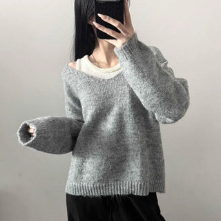 Loose Fit Layered Sleeveless Round Neck Long Sleeve Knit