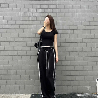 Training Color Block Two-Line Embroidery Lace Trimming Strap Elastic Wide Long Pants