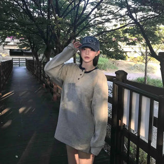 Henley Neck Button Big Pocket Pigment Cotton Oversized Long Sleeve T-Shirt