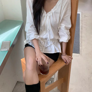 *Yeori˚‧｡♥｡‧˚* Morning V-neck Shirred Spring/Autumn Blouse