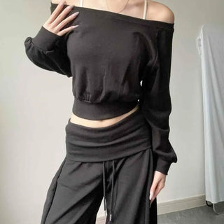 Off-shoulder Raglan Ribbed Cropped Loose Fit Knit