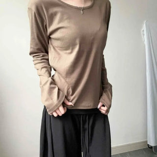 Round Neck Slim Fit Cotton Button Inner Layering Long Sleeve T-shirt