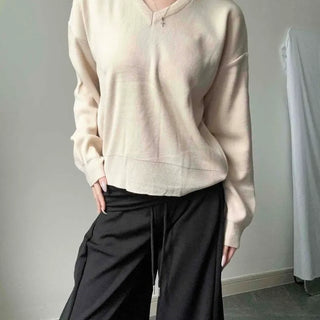 V-neck Cable Knit Loose Fit Long Sleeve Knit