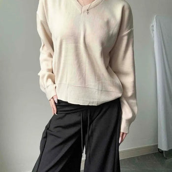V-neck Cable Knit Loose Fit Long Sleeve Knit