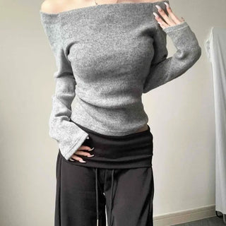 Ribbed Boat Neck Slim Fit Fleece-Lined Long Sleeve T-shirt
