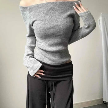 Ribbed Boat Neck Slim Fit Fleece-Lined Long Sleeve T-shirt