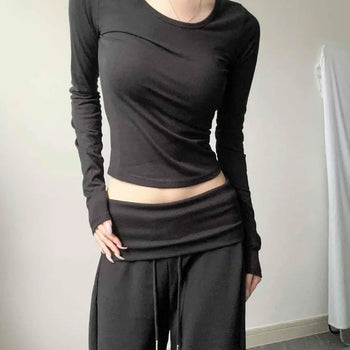 Round Neck Slim Fit Brushed Spandex Inner Long Sleeve T-shirt