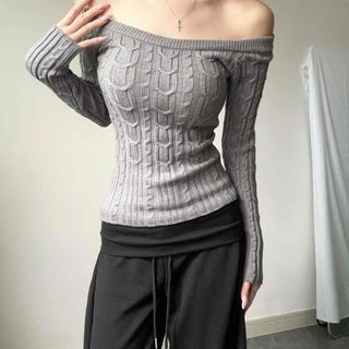 Wool Cable Knit Off-Shoulder Slim Fit Knit