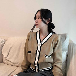 Gold Button Shoulder Pad Contrast V-Neck Crop Knit Cardigan