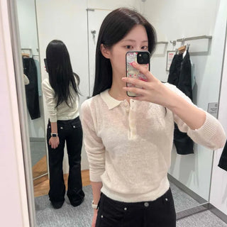 Angora Shirt Collar Button Crop Knit