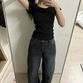 Wide-Leg Mid-Rise Button Pocket Big Size Jeans