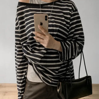 Nupi Striped Off-Shoulder Loose Fit Long Sleeve T-Shirt for Transitional Autumn Lip Neck One-Shoulder Layered Tee