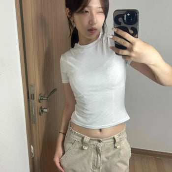 Cotton Round Neck Slim Fit Crop Short Sleeve T-shirt