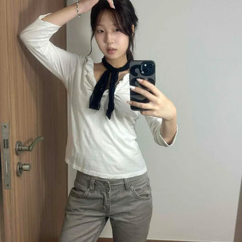 Frill Collar V-Neck Shirred Cotton Soft 3/4 Sleeve Slim Fit Short Sleeve T-shirt