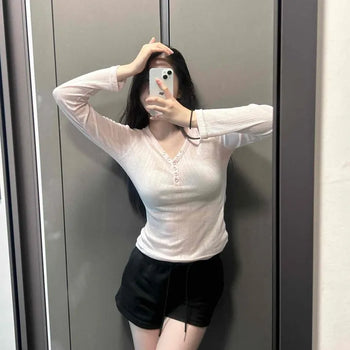 V-Neck Snap Button See-through Slim Fit Knit Long Sleeve T-shirt