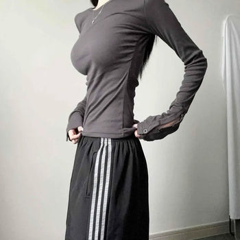 Long Warmer Sleeve Button Basic Shirred Slim T-shirt