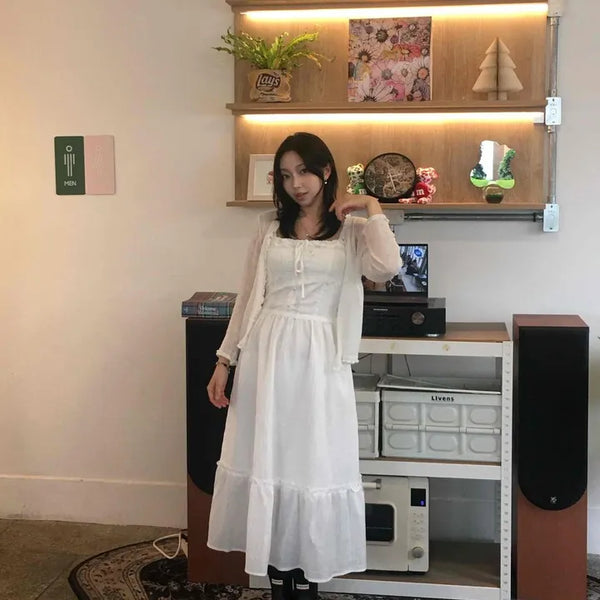 Cotton Blend Ribbon Frill Square Neck Sleeveless Delicate Fit A-Line Long Dress