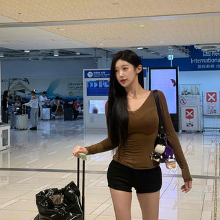 V-Neck Wool See-through Cinched Waistline Long Sleeve T-Shirt