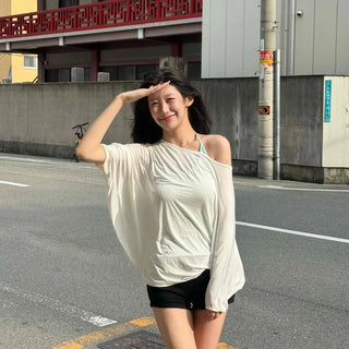 Silky Cotton Thin Off-Shoulder Oversized Delicate Fit Long Sleeve T-shirt