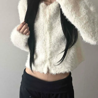 Sherpa Fur Round Neck Loose Fit Crop Knit Cardigan