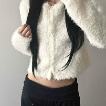 Sherpa Fur Round Neck Loose Fit Crop Knit Cardigan