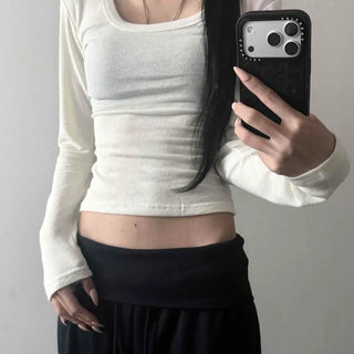 Wool Peach U-Neck Slim Fit Crop Inner Tee Long Sleeve T-shirt