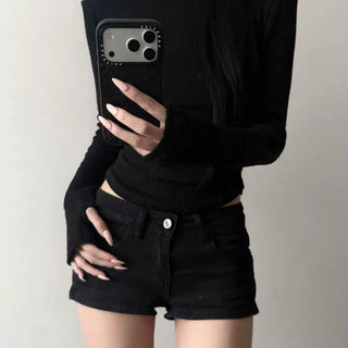 Ribbed Wool Slim Fit Cropped Long Sleeve Turtleneck T-shirt