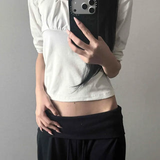 Wide Square Neck, Chest Shirring, 3/4 Sleeve, Slim Fit Polyester Short Sleeve Tee