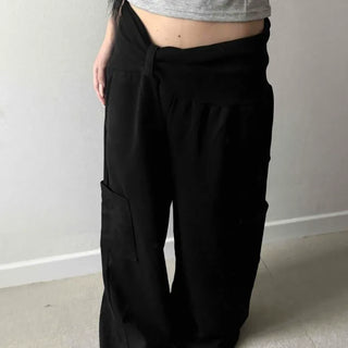 High-density Cotton High-waisted Folding Cargo Loose Fit Wide Sweatpants