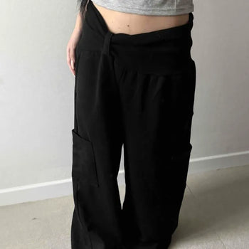 High-density Cotton High-waisted Folding Cargo Loose Fit Wide Sweatpants