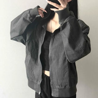 High-neck Loose-fit Cotton Bomber Field Jacket Two-way Jacket