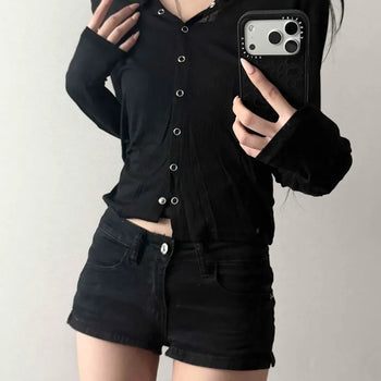 Ribbed See-through Slim Fit Crop Button Knit Cardigan