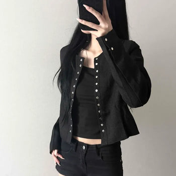 Collarless Tweed Rivet Button Studded Sequin Padded-Lined Pocket Jacket