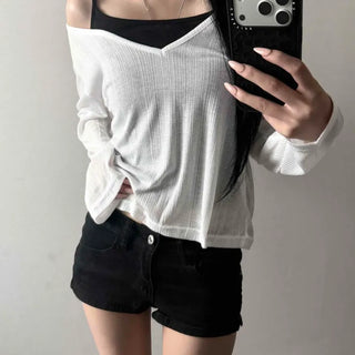 Deep V-Neck Fine Ribbed Loose Fit Layered See-Through Long Sleeve T-Shirt