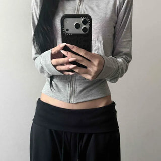 High-Neck Crop Slim Fit Elastic Pocket Polyester Zip-Up Hoodie