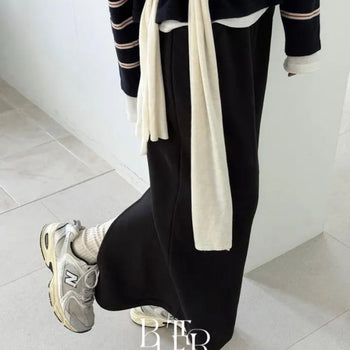 Terry Banding Skirt, Long H-Line Slit Terry Cotton Sweatshirt for Autumn Daily