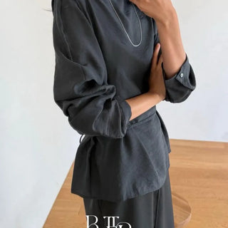 Motif mock neck blouse, strap shirring tie chiffon loose fit long sleeve autumn designer