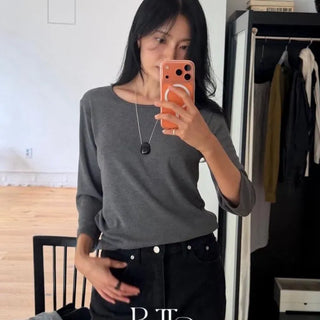 Love 8/8 Length Boat Neck T-shirt, Slim Fit Lip Neck 3/8 Length Rayon Spandex Spring/Autumn Daily
