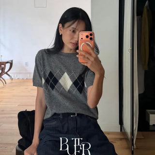 Argyle short-sleeve knit, round-neck cashmere wool blend autumn short-sleeve knit
